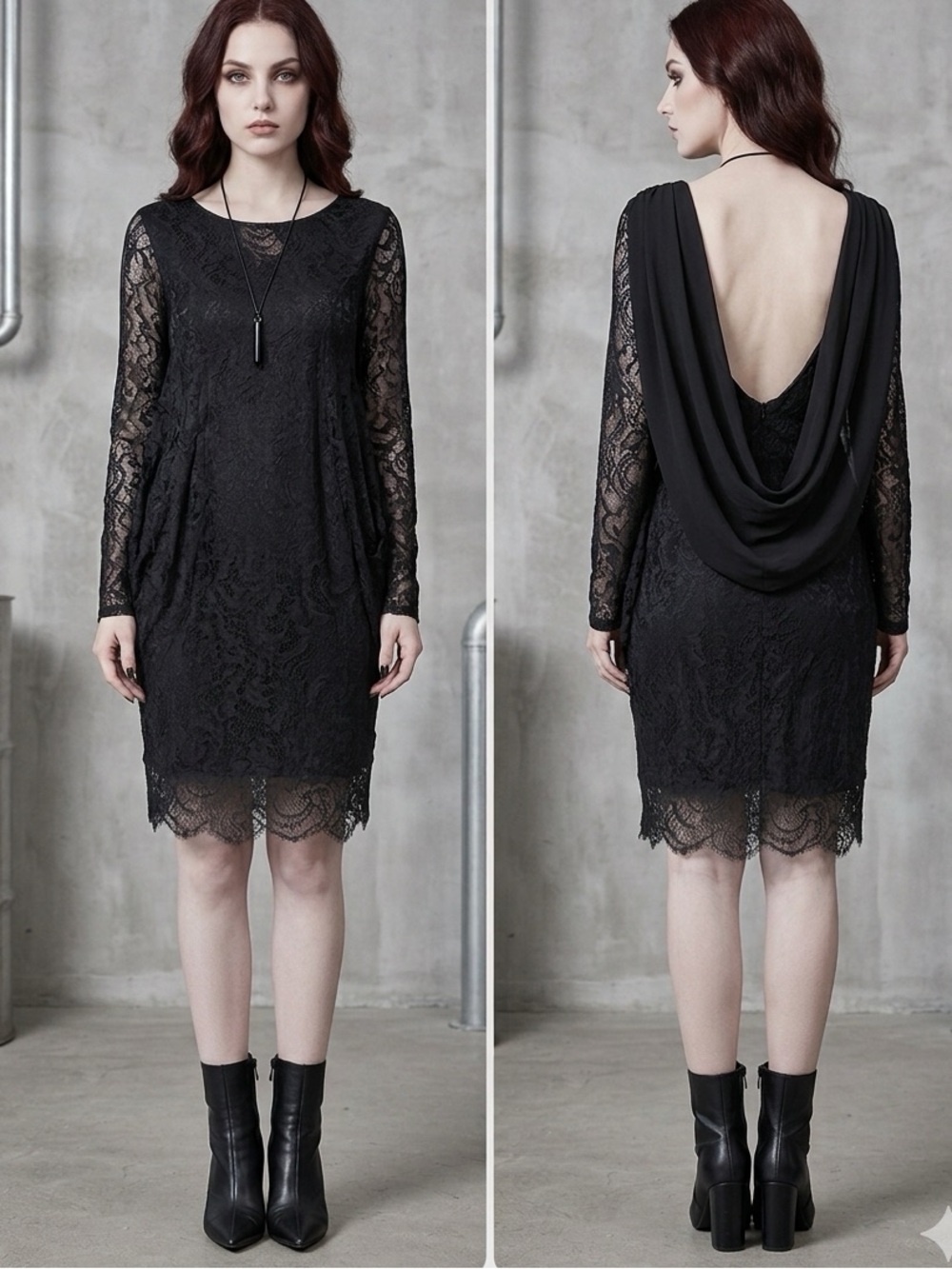 Vintage Black Lace Overlay Open-Back Long Sleeve Dress Romantic Gothic Whimsigot